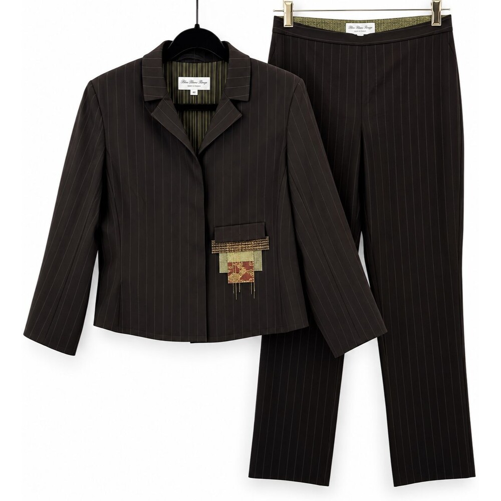 Bleu Blanc Rouge France Women 40 Brown Green Pinstripe Pant Suit Blazer Pants